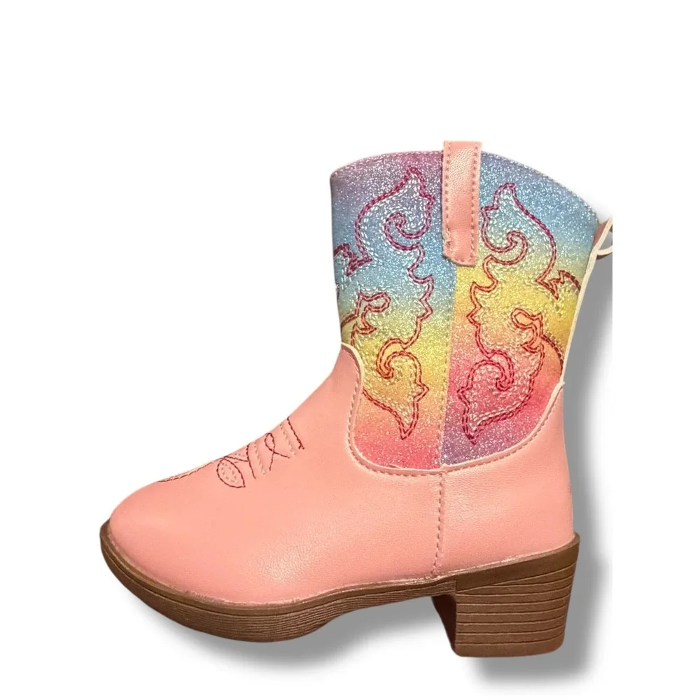 NIB Kids Pink Rainbow Glitter Cowboy Boots Side Zip Western Toddler Sz 7.5